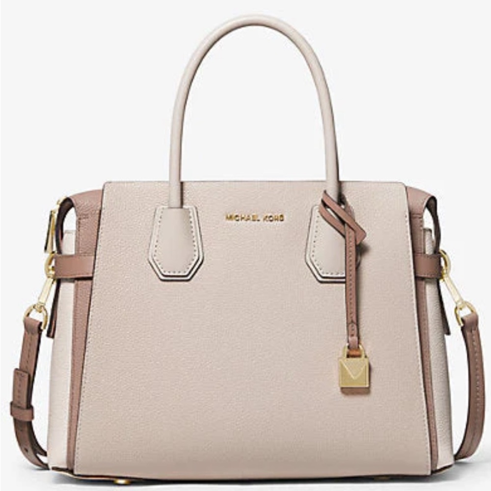 Michael Kors Mercer Medium Tri-Color Pebbled Leather Belted Satchel NWT